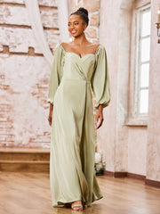 A-line Sweetheart Neck Long Sleeves High Slit Dresses Dusty Sage