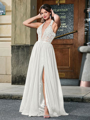 Stunning Halter Appliqued Corset High Slit Maxi Dress Ivory