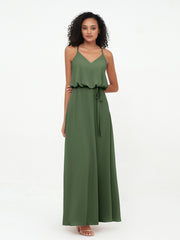 Spaghetti Straps Chiffon Max Dress with Sash Bow Olive Green