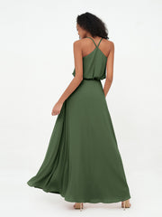 Spaghetti Straps Chiffon Max Dress with Sash Bow Olive Green