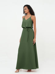 Spaghetti Straps Chiffon Max Dress with Sash Bow Olive Green
