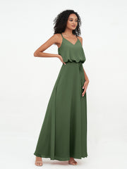 Spaghetti Straps Chiffon Max Dress with Sash Bow Olive Green