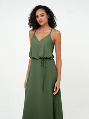 Spaghetti Straps Chiffon Max Dress with Sash Bow Olive Green