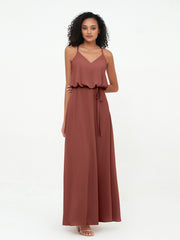 Spaghetti Straps Chiffon Max Dress with Sash Bow Terracotta