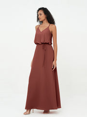 Spaghetti Straps Chiffon Max Dress with Sash Bow Terracotta