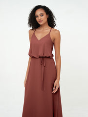 Spaghetti Straps Chiffon Max Dress with Sash Bow Terracotta