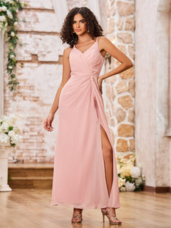 Elegant A-line Spaghetti Straps Chiffon Maxi Dresses with Slit Flamingo