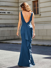 Trumpet/Mermaid Sweep Train Jersey Prom Dresses Ink Blue