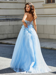 A-line One Shoulder Floor-Length Tulle Prom Dresses Sky Blue Plus Size