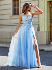 A-line One Shoulder Floor-Length Tulle Prom Dresses Sky Blue Plus Size
