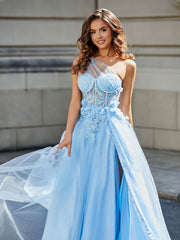 A-line One Shoulder Floor-Length Tulle Prom Dresses Sky Blue Plus Size