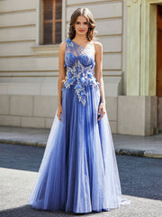 A-line One Shoulder Floor-Length Tulle Prom Dresses Stormy Plus Size