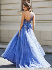 A-line One Shoulder Floor-Length Tulle Prom Dresses Stormy Plus Size