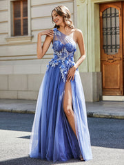 A-line One Shoulder Floor-Length Tulle Prom Dresses Stormy Plus Size
