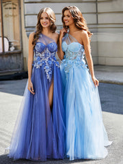 A-line One Shoulder Floor-Length Tulle Prom Dresses Stormy Plus Size