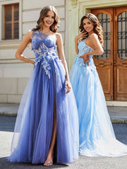 A-line One Shoulder Floor-Length Tulle Prom Dresses Stormy