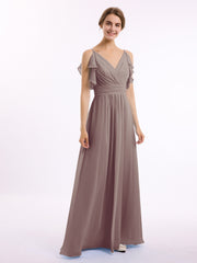 Spaghetti Strap Chiffon Dresses with Shoulder Ruffles Dusk