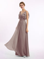 Spaghetti Strap Chiffon Dresses with Shoulder Ruffles Dusk
