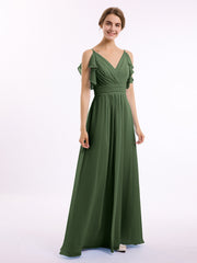 Spaghetti Strap Chiffon Dresses with Shoulder Ruffles Olive Green
