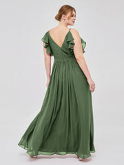 Spaghetti Strap Chiffon Dresses with Shoulder Ruffles Olive Green
