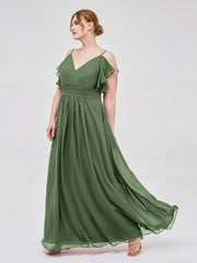 Spaghetti Strap Chiffon Dresses with Shoulder Ruffles Olive Green