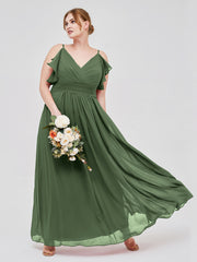 Spaghetti Strap Chiffon Dresses with Shoulder Ruffles Olive Green
