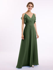 Spaghetti Strap Chiffon Dresses with Shoulder Ruffles Olive Green