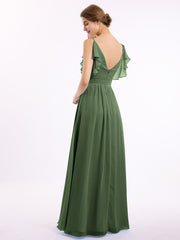 Spaghetti Strap Chiffon Dresses with Shoulder Ruffles Olive Green