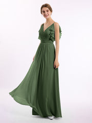 Spaghetti Strap Chiffon Dresses with Shoulder Ruffles Olive Green