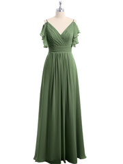 Spaghetti Strap Chiffon Dresses with Shoulder Ruffles Olive Green