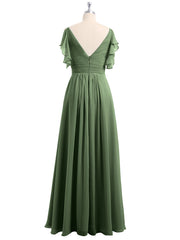Spaghetti Strap Chiffon Dresses with Shoulder Ruffles Olive Green