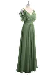 Spaghetti Strap Chiffon Dresses with Shoulder Ruffles Olive Green