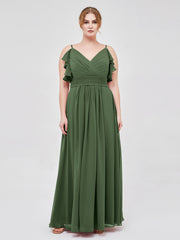Spaghetti Strap Chiffon Dresses with Shoulder Ruffles Olive Green