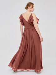 Spaghetti Strap Chiffon Dresses with Shoulder Ruffles Terracotta