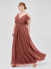 Spaghetti Strap Chiffon Dresses with Shoulder Ruffles Terracotta