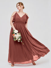 Spaghetti Strap Chiffon Dresses with Shoulder Ruffles Terracotta