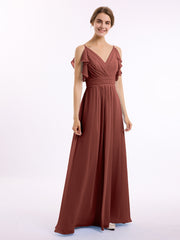 Spaghetti Strap Chiffon Dresses with Shoulder Ruffles Terracotta