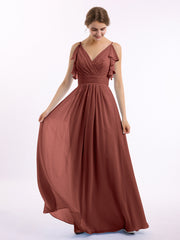 Spaghetti Strap Chiffon Dresses with Shoulder Ruffles Terracotta