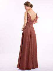 Spaghetti Strap Chiffon Dresses with Shoulder Ruffles Terracotta