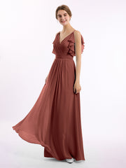 Spaghetti Strap Chiffon Dresses with Shoulder Ruffles Terracotta