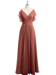 Spaghetti Strap Chiffon Dresses with Shoulder Ruffles Terracotta