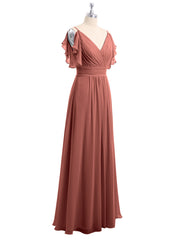 Spaghetti Strap Chiffon Dresses with Shoulder Ruffles Terracotta