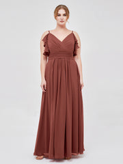 Spaghetti Strap Chiffon Dresses with Shoulder Ruffles Terracotta