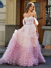 Princess A-line Sweep Train Tulle Prom Dresses Pink