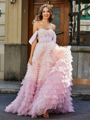 Princess A-line Sweep Train Tulle Prom Dresses Pink