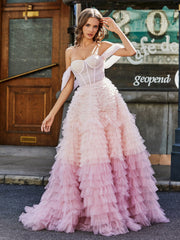 Princess A-line Sweep Train Tulle Prom Dresses Pink