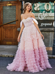 Princess A-line Sweep Train Tulle Prom Dresses Pink