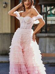 Princess A-line Sweep Train Tulle Prom Dresses Pink