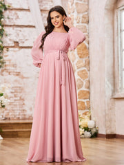 A-line Waist Long Sleeves Chiffon Dresses with Bow Dusty Rose