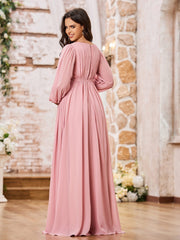 A-line Waist Long Sleeves Chiffon Dresses with Bow Dusty Rose